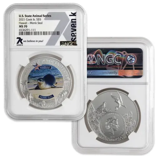 2021 Cook Is $5 1oz Silver - US State Animals HI Monk Seal - NGC MS70