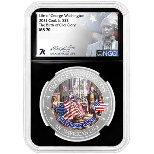 2021 Cook Is $2 1/2oz Silver - Life of Washington Old Glory - NGC MS70