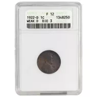 1922 D Lincoln Wheat Penny - Weak D Die 3 - ANACS F12