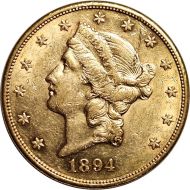 1894 S $20 Gold Liberty Double Eagle - AU (Almost Uncirculated)