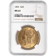 1893 $20 Gold Liberty Double Eagle - NGC MS63