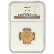 1844 O Liberty $5 Gold Half Eagle - NGC AU55