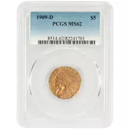 1909 D $5 Indian Gold Half Eagle - PCGS MS62