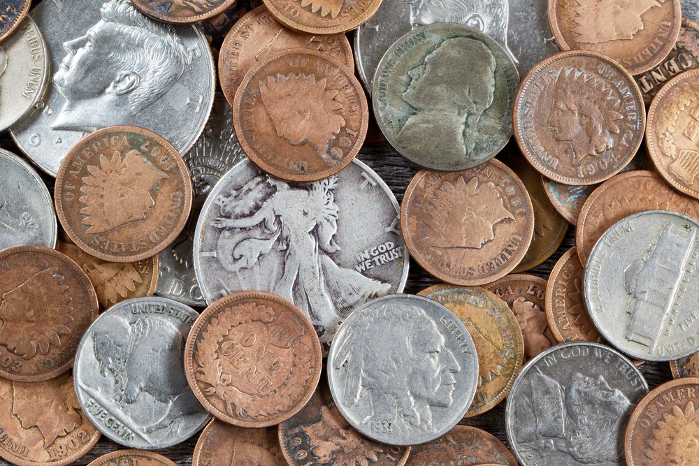 Buffalo nickels. Pile of vintage American coins